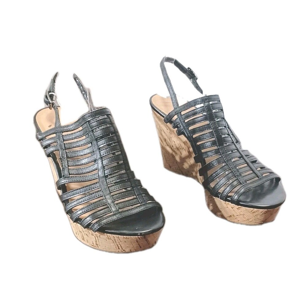 Franco Sarto  Black Leather  Somber Strappy Cork Wedge Sandals Women's 5